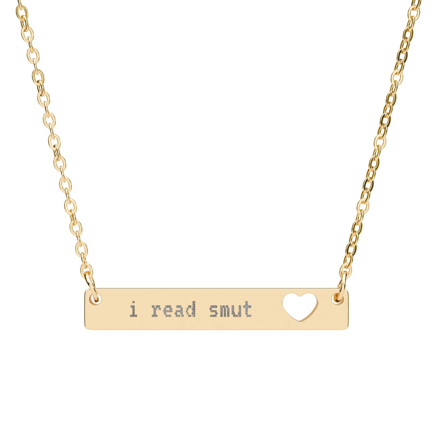 ‘i read smut’ Engraved Cutout Heart Bar Necklace