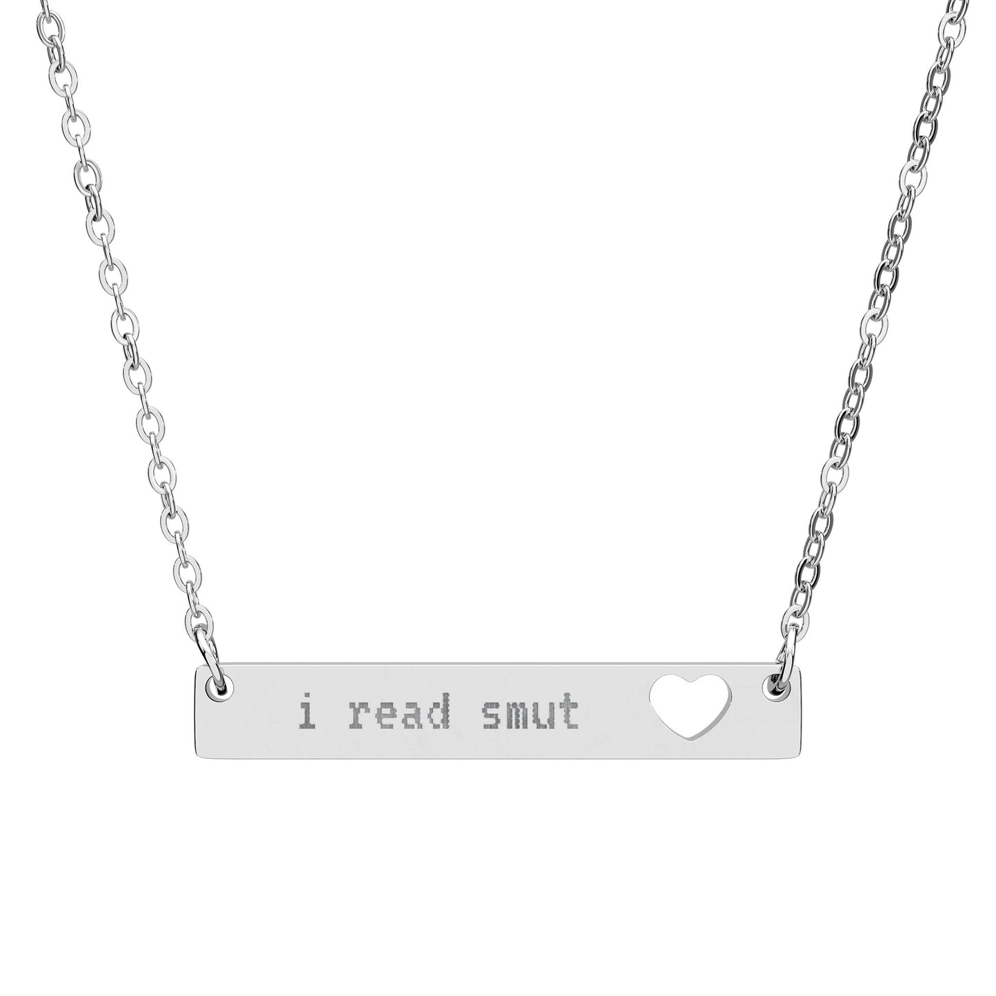 ‘i read smut’ Engraved Cutout Heart Bar Necklace